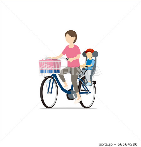 ママチャリ 子供と自転車に乗る主婦 お母さん 買い物のイラスト素材
