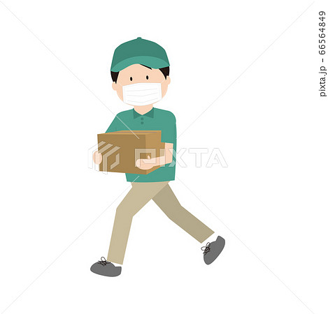 マスクをしたダンボール箱を持った男性配達員 走る のイラスト素材