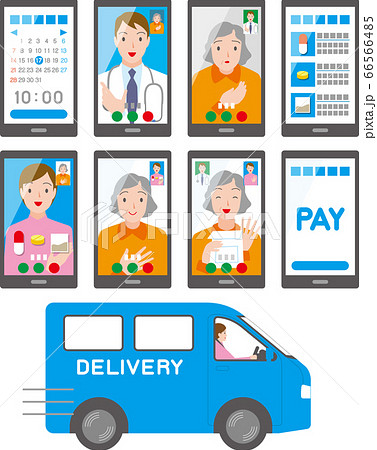 スマートフォンによるオンライン診療と処方箋のイラスト素材