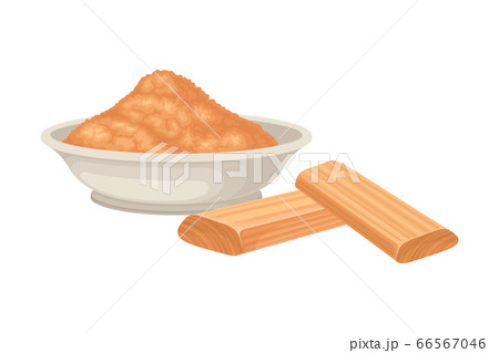 Powdered Sandalwood Poured in Bowl with Chips Rested Nearby Isolated on White Background Vector Illustration Powdered Sandalwood Poured in Bowl with Chips Rested Nearby Isolated on White Background Vector Illustration 66567046