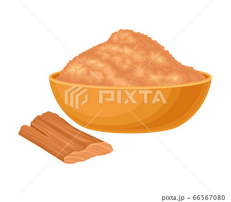 Powdered Sandalwood Poured in Bowl with Chip Rested Nearby Isolated on White Background Vector Illustration 66567080