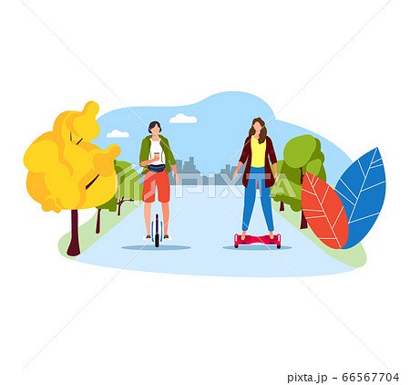 People drive electric transport segway self balancing scooter, woman character walk outdoor park isolated on white, flat vector illustration. 66567704