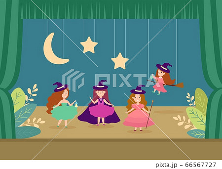 Young woman character school theatre performance flat vector illustration. Children magic little girl casting sorcery art. 66567727