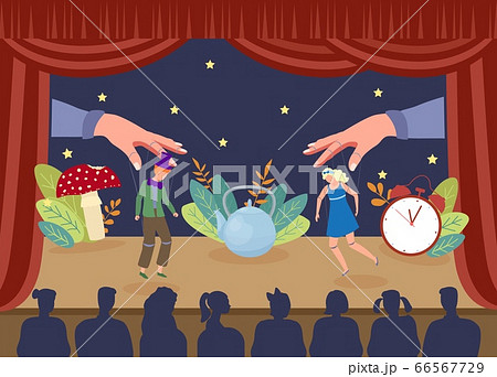 Simple theater puppet show, vector illustration. Performance marionettes actors on stage, large hands pulling threads from curtain Simple theater puppet show, vector illustration. Performance marionettes actors on stage, large hands pulling threads from curtain 66567729