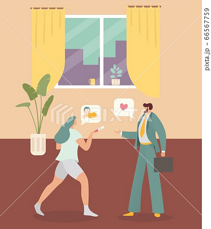 Housewife mother character female pregnancy wife talk husband baby flat vector illustration. Young businessman become father. Housewife mother character female pregnancy wife talk husband baby flat vector illustration. Young businessman become father. 66567759