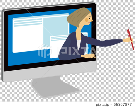 Woman embarking from a computer Red pen Woman embarking from a computer Red pen 66567877