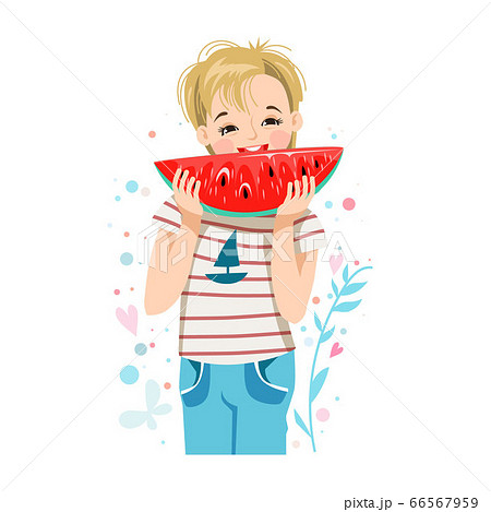 Boy with slice of watermelon 66567959