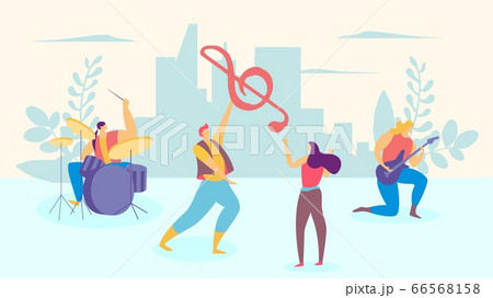 Music band character male female person, man play drum person guitarist flat vector illustration. Lovely sonata guy present treble clef. Music band character male female person, man play drum person guitarist flat vector illustration. Lovely sonata guy present treble clef. 66568158