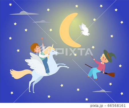 Male kid character ride unicorn, female person witch flying broom flat vector illustration. Miracle pegasus magical night. 66568161