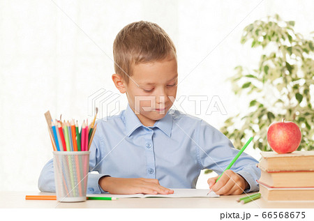 Young schoolboy sitting at the table and doing Young schoolboy sitting at the table and doing 66568675