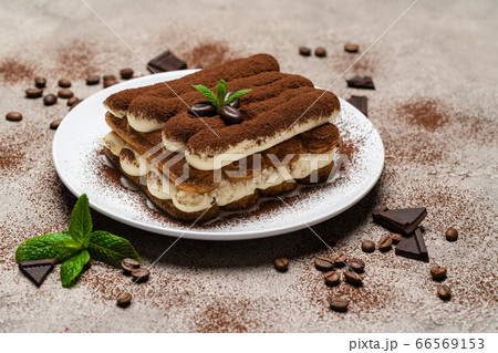 Classic tiramisu dessert on ceramic plate on concrete background Classic tiramisu dessert on ceramic plate on concrete background 66569153