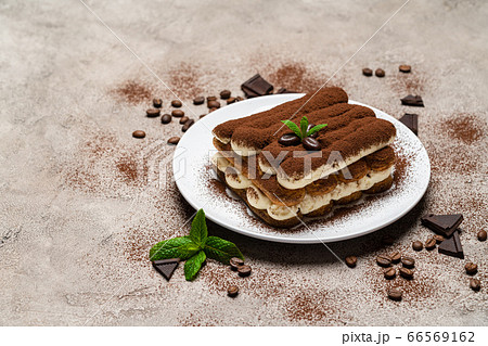 Classic tiramisu dessert on ceramic plate on concrete background 66569162