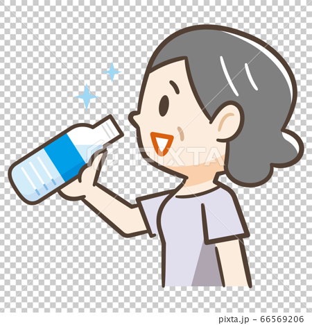 ペットボトルの水を飲む高齢者女性のイラスト素材