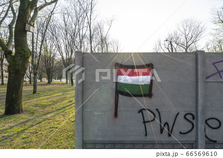 The Polish flag paint on a wall in warsaw 66569610