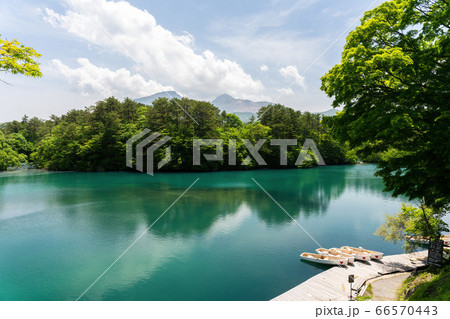 初夏の毘沙門沼（五色沼）の風景　新緑と磐梯山　福島県北塩原村 66570443