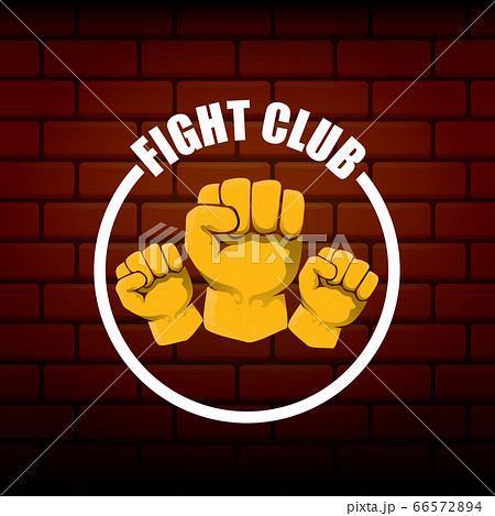 fight club vector logo with orange man fist isolated on brick wall background. MMA Mixed martial arts concept design template 66572894