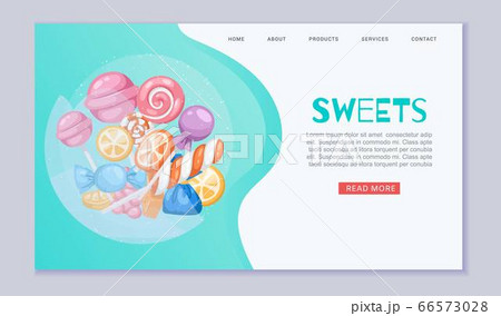 Candy sweet landing banner, vector illustration. Web page with colorful food, sugar snack cartoon design. Internet template Candy sweet landing banner, vector illustration. Web page with colorful food, sugar snack cartoon design. Internet template 66573028