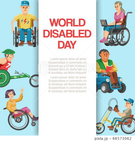 Disability flat world day, vector illustration. Disabled people character in wheelchair banner, handicapped health invalid 66573062