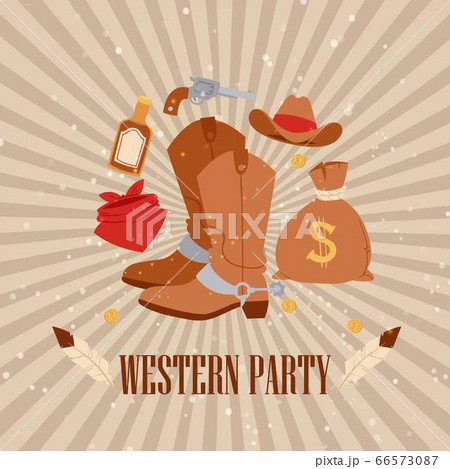 Western cowboy american party, vector illustration. Vintage rodeo banner design with boots, west grunge style template banner. 66573087