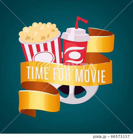 Movie time in cinema, entertainment vector illustration. Film with popcorn box, cinematography video striped concept. Pop poster 66573157