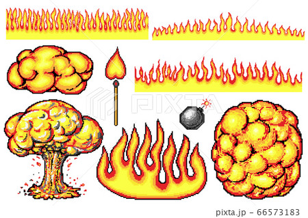 Nuclear explosion. Pixel art 8 bit fire objects. Mushroom cloud. Game icons set. Comic large boom 66573183