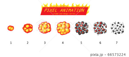 Nuclear explosion. Pixel art 8 bit fire objects. Game icons set. The evolution of a Comic boom flame Nuclear explosion. Pixel art 8 bit fire objects. Game icons set. The evolution of a Comic boom flame 66573224