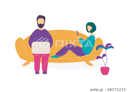 Couple sitting on sofa with laptop and smartphone Couple sitting on sofa with laptop and smartphone 66573225
