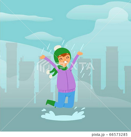 Joyful, funny girl in rain, child jumping in puddle, cute childish background design, cartoon style vector illustration. 66573285