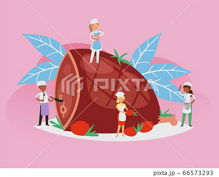 people cook food, recipe composition, cooked, appetizing grilled pork meat by experienced cook cartoon style vector illustration. people cook food, recipe composition, cooked, appetizing grilled pork meat by experienced cook cartoon style vector illustration. 66573293
