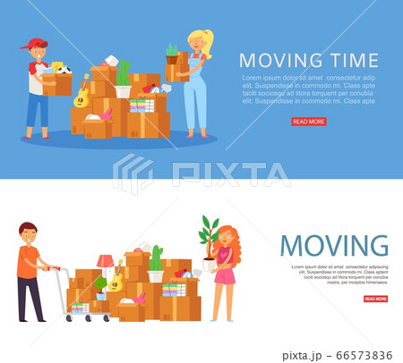 moving time, inscription on banner, woman in house, apartment with collected things, design, cartoon style vector illustration. 66573836