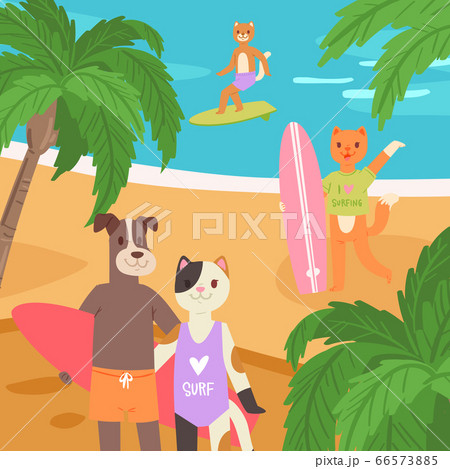 Animals are surfing, cartoon style, cute drawing, dogs, cats play sports on nature near ocean, design, flat style illustration. 66573885