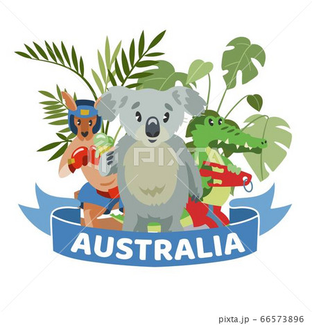 Ribbon words Australia, colorful banner, animals wildlife Australian continent, design, cartoon style vector illustration. Ribbon words Australia, colorful banner, animals wildlife Australian continent, design, cartoon style vector illustration. 66573896