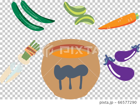 ぬか床とぬか漬けがおいしい野菜 イラスト セットのイラスト素材