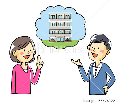 マンション 不動産 ローンについて話し合う夫婦のイラストのイラスト素材