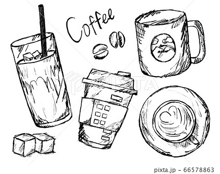 カフェやコーヒーの白黒手書きイラストイメージのイラスト素材