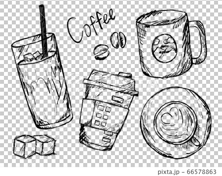 カフェやコーヒーの白黒手書きイラストイメージのイラスト素材