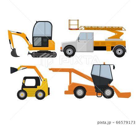 Road cleaning machine excavator tractor vector vehicle truck sweeper cleaner wash city streets illustration, vehicle van cat excavator bulldozer tractor lorry transportation isolated on background 66579173