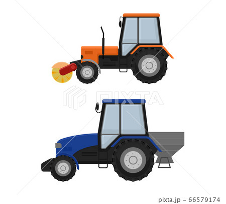 Road cleaning machine excavator tractor vector vehicle truck sweeper cleaner wash city streets illustration, vehicle van cat excavator bulldozer tractor lorry transportation isolated on background 66579174