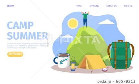 Summer camp at mountain, vector illustration. Man in adventure, travel tourism at outdoor nature. Hiking holiday vacation Summer camp at mountain, vector illustration. Man in adventure, travel tourism at outdoor nature. Hiking holiday vacation 66579213