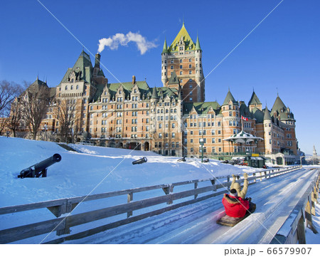 Quebec City in winter, traditional slide decent in front of Chateau Frontenac Quebec City in winter, traditional slide decent in front of Chateau Frontenac 66579907
