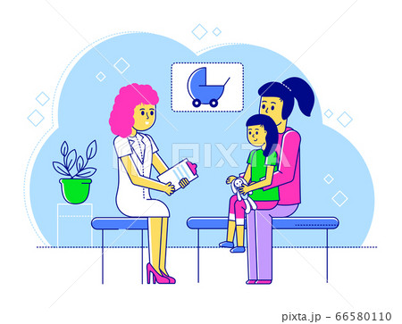 Line doctor pediatrician vector illustration, cartoon flat happy mother and kid boy characters visiting specialist for medical examination Line doctor pediatrician vector illustration, cartoon flat happy mother and kid boy characters visiting specialist for medical examination 66580110