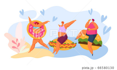 Fast food and fat people cartoon character, vector illustration. Man woman with huge fastfood, burger, donut and hot dog. 66580130