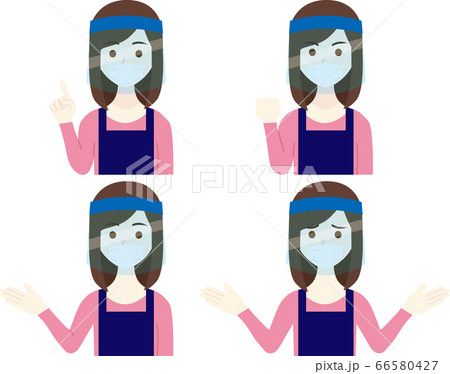 フェイスガードとマスクをするエプロンの女性パターン フェイスガードとマスクをするエプロンの女性パターン 66580427