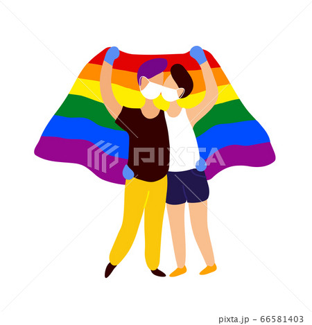 Two gays in masks kissing under rainbow flag 66581403