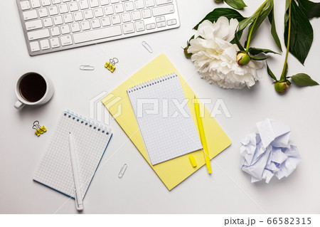 Workspace with blank notebook, keyboard, office 66582315
