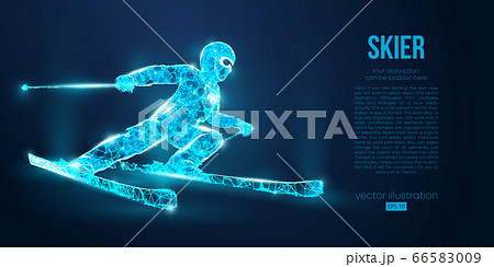Abstract silhouette of a skier jumping from particles on blue background. All elements on a separate layers color can be changed to any other. Low poly neon wire outline geometric. Vector ski Abstract silhouette of a skier jumping from particles on blue background. All elements on a separate layers color can be changed to any other. Low poly neon wire outline geometric. Vector ski 66583009