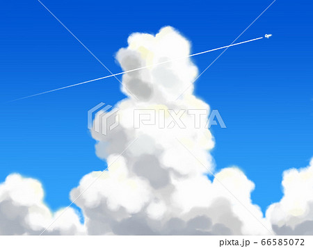 夏空と入道雲と飛行機雲のイラスト素材