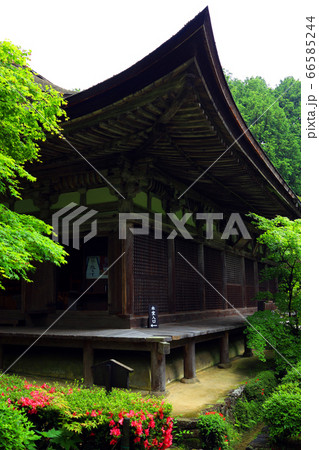滋賀県愛知郡愛荘町の松峰山 金剛輪寺からの風景、お寺と新緑・日本庭園【6月】 66585244
