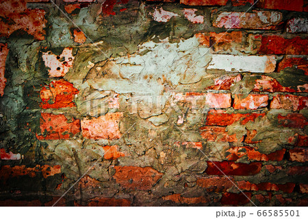 Red brick wall with messy spots of cement plaster on Red brick wall with messy spots of cement plaster on 66585501