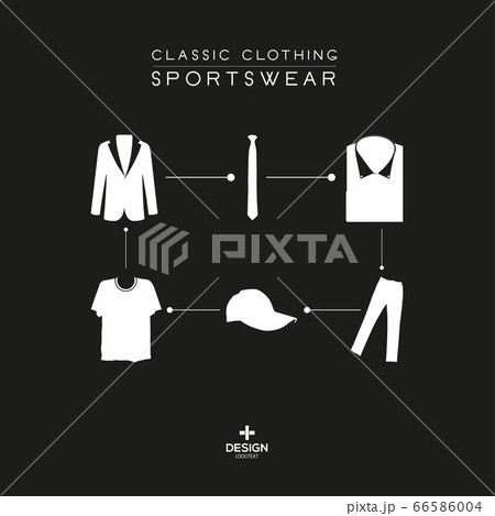 Classic suits and sportswear products on black and white background.Jacket, pants, shirt, hat, tie, t shirt, tuxedo. Poster design for blog, magazine and promotion. 66586004